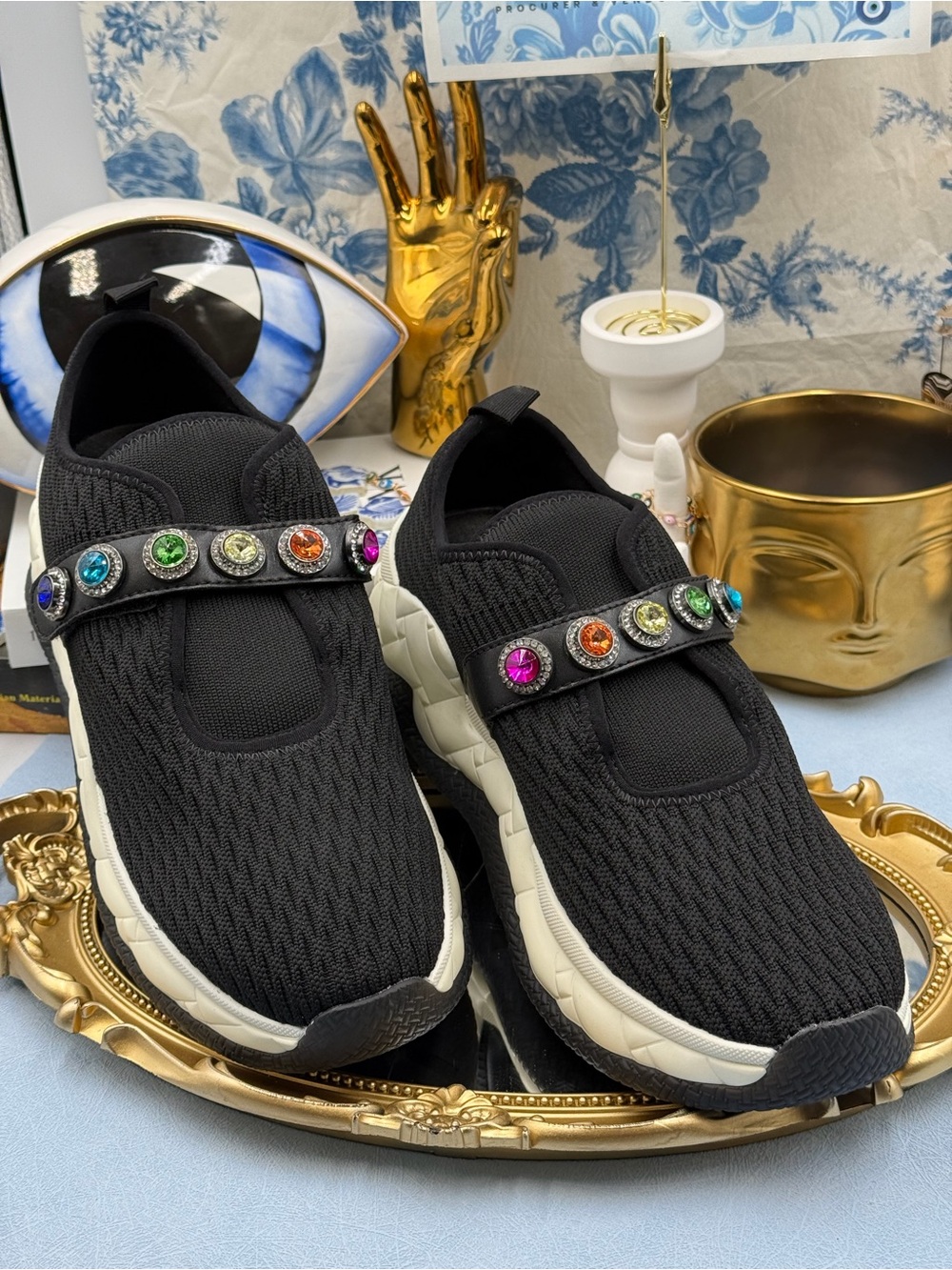 🆕 KURT GEIGER LONDON 🧿 NWOB Knit Rainbow Jewel Sneakers, Black - Sz 40.5 US9.5
